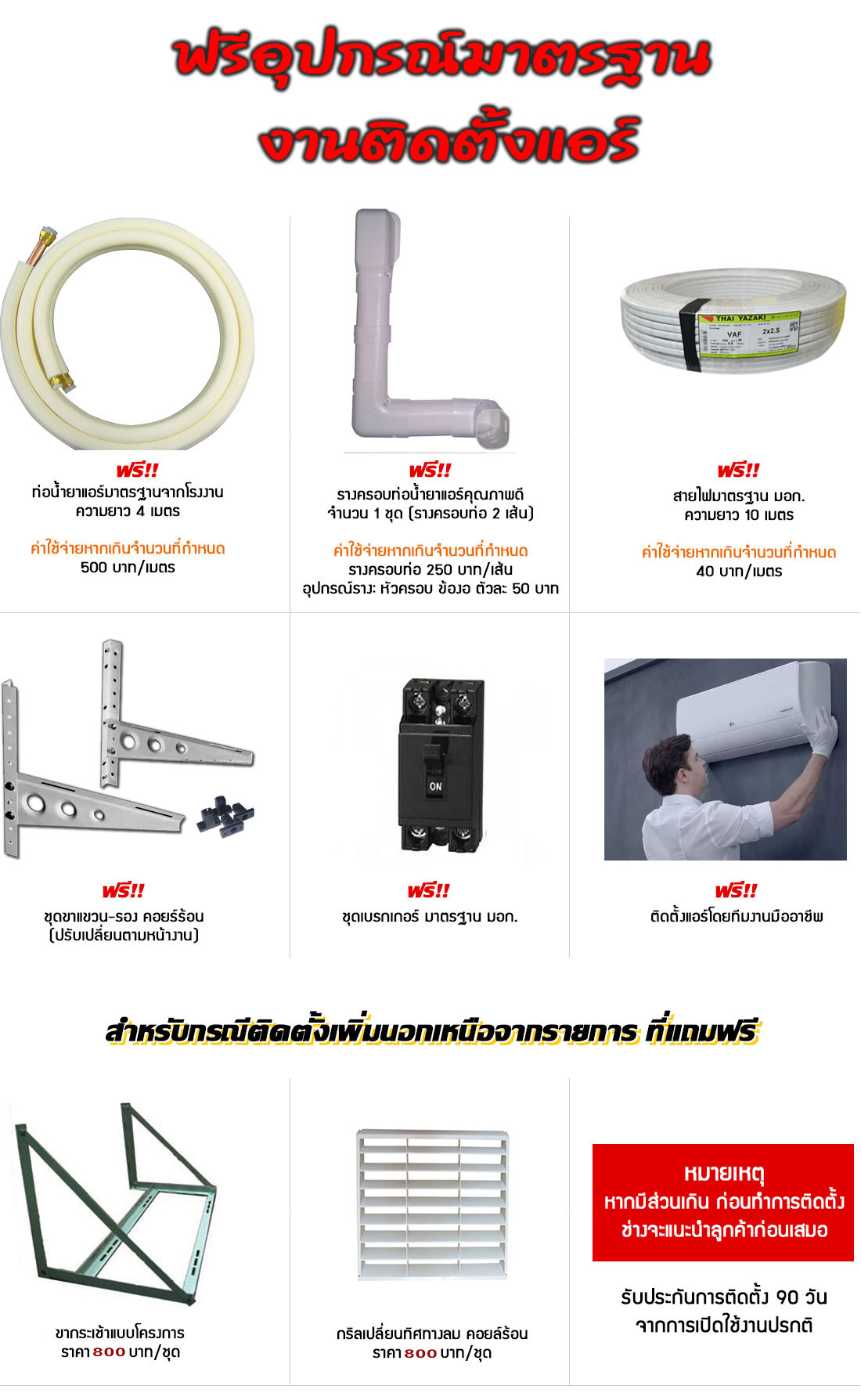 ติดตั้งฟรี ของแถมมากมาย ท่อนำ้ยาแอร์มาตรฐานจากโรงงานความยาว 4 เมตร, รางครอบท่อนำ้ยาแอร์คุณภาพเกรด A 1 ชุด, สายไฟมาตรฐาน มอก. ใหม่ความยาว 10 เมตร, ชุดขาแขวน-รอง คอยร์ร้อนอย่างดี (ตามหน้างาน), Breaker เบรคเกอร์คุณภาพดี